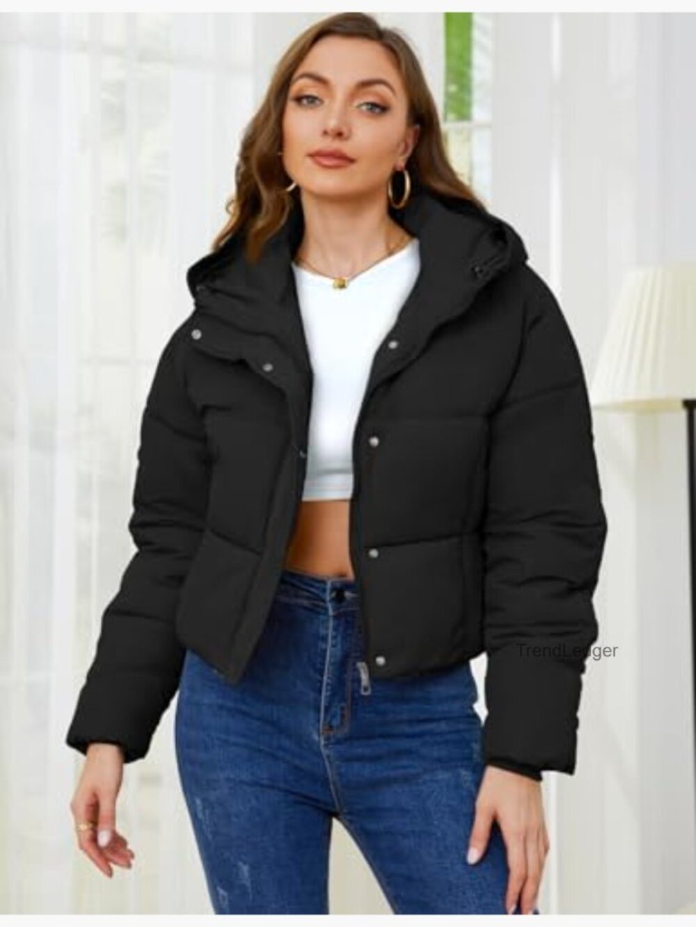 Cropped Puffer Jacket Hooded Zip Up Quilted Short Padded Coat Lightweight - Picture 2 of 7